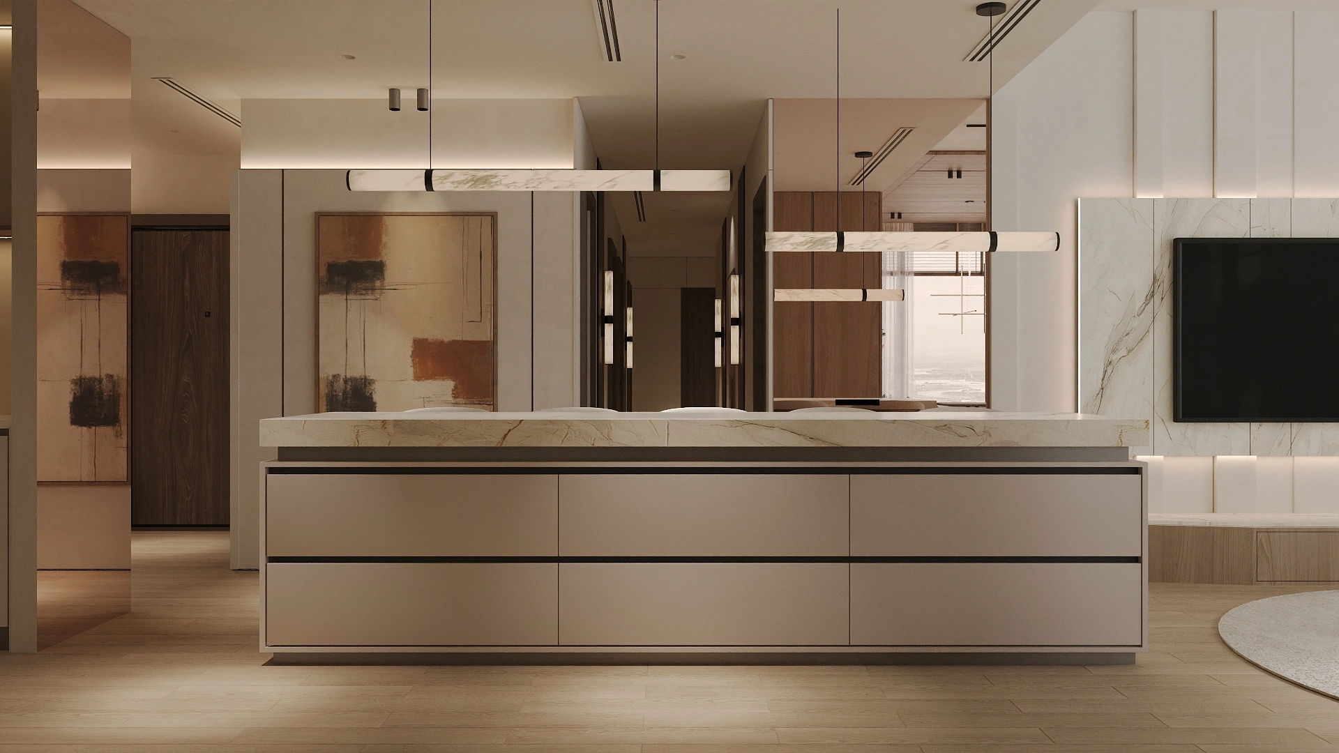 interior design project of a kitchen with marble island in Dubai